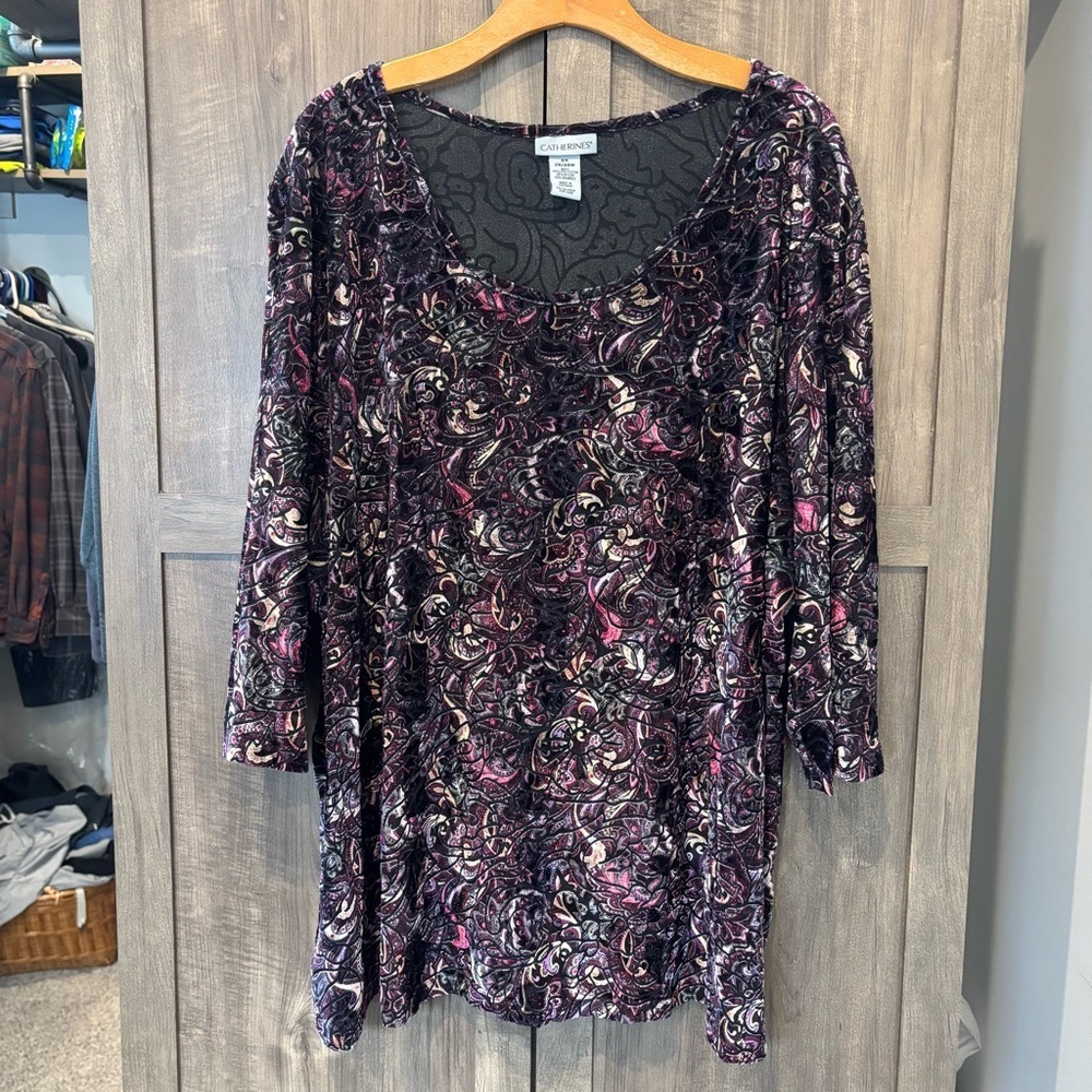 Catherines‎ 3X Velvet Top Floral Scoop Neck Black Purple Tunic